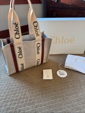 Chloé Beige Canvas Woody Medium Tote with Brown Leather Trim